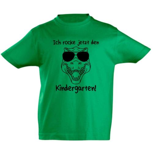 T-Shirt Dino mit Spruch: Ich rocke jetzt den Kindergarten, 100% Baumwolle, grün-schwarz
