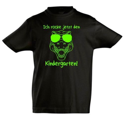 T-Shirt Dino mit Spruch: Ich rocke jetzt den Kindergarten, 100% Baumwolle, schwarz-grün