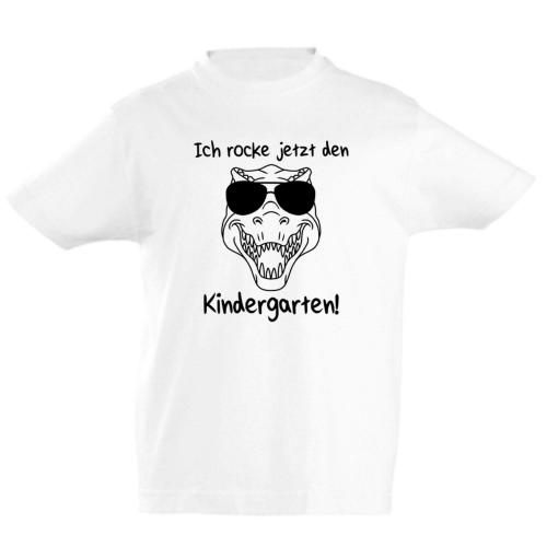 T-Shirt Dino mit Spruch: Ich rocke jetzt den Kindergarten, 100% Baumwolle, weiß-schwarz
