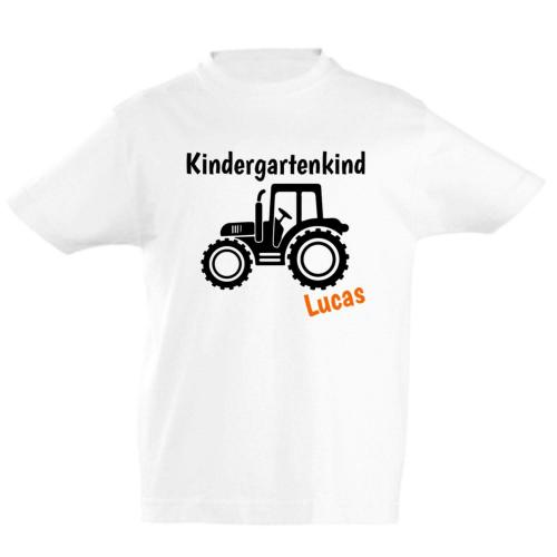 T-Shirt Kindergartenkind mit Traktor und Name, 100% Baumwolle, Schriftfarbe: orange