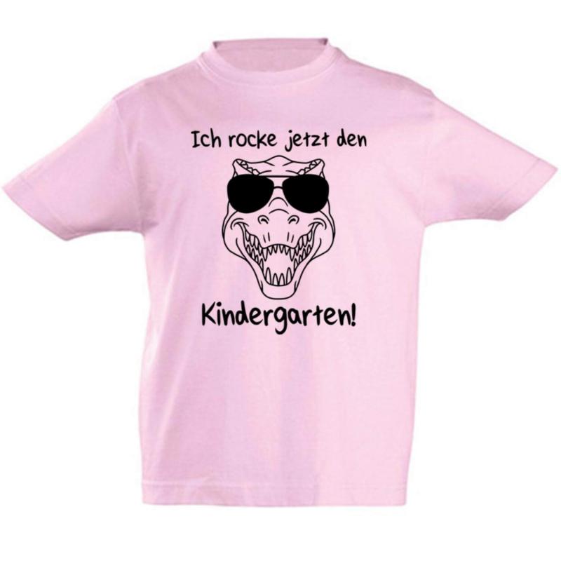 T-Shirt Dino mit Spruch: Ich rocke jetzt den Kindergarten, 100% Baumwolle, rosa-schwarz