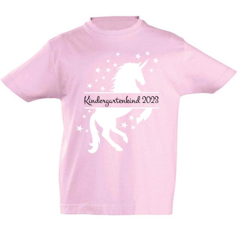 T-Shirt Kindergartenkind 2023 mit Einhorn, 100% Baumwolle, T-Shirt Farbe: rosa