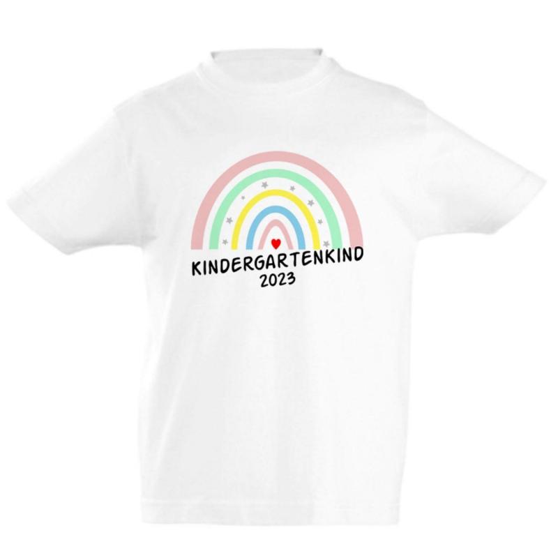 T-Shirt Kindergartenkind 2023 mit Regenbogen, 100% Baumwolle, Farbe: weiß