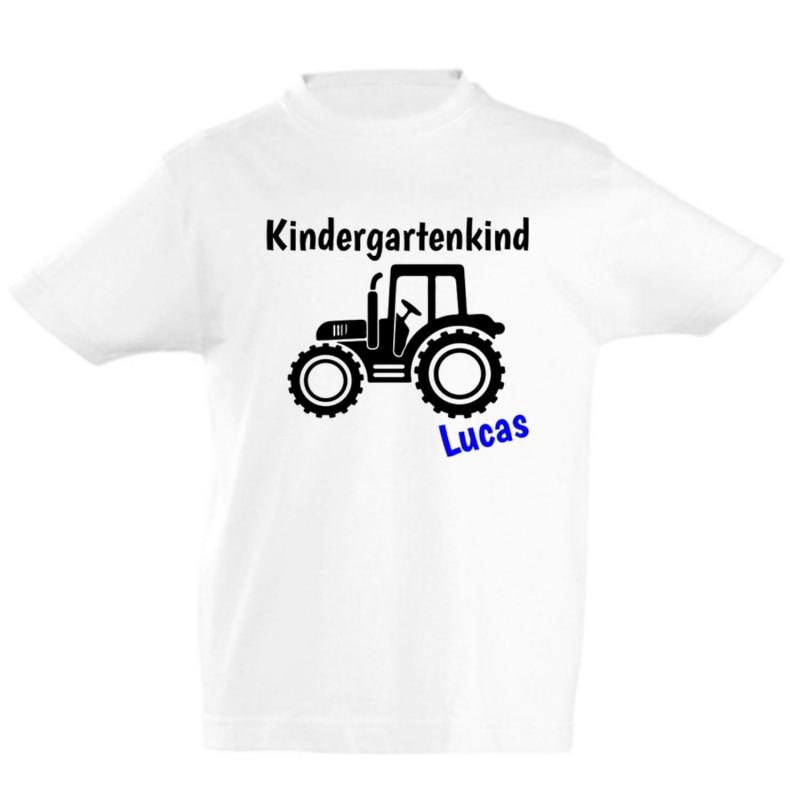 T-Shirt Kindergartenkind mit Traktor und Name, 100% Baumwolle, Schriftfarbe: blau