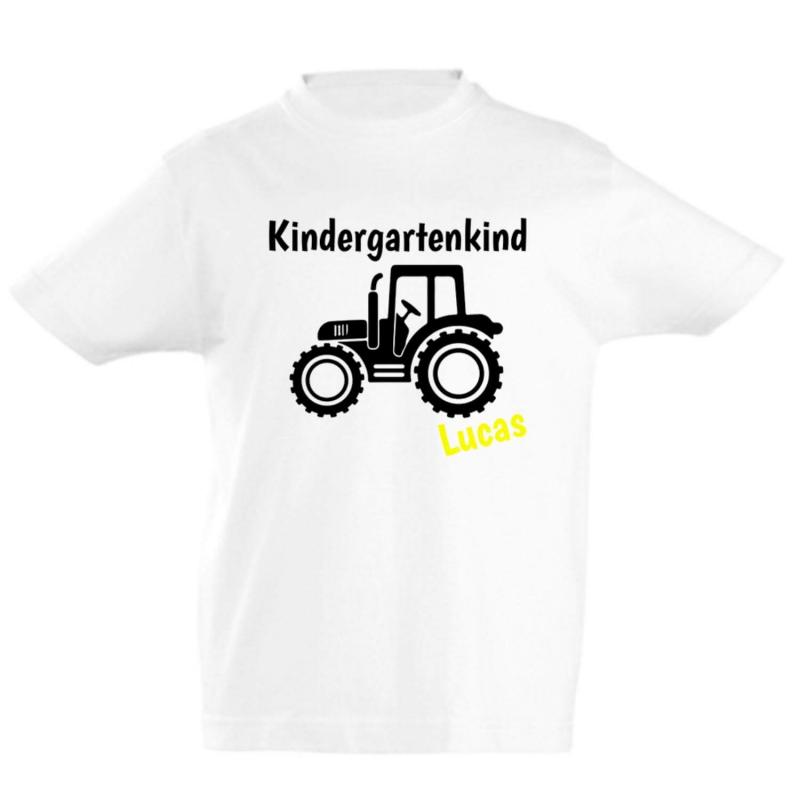 T-Shirt Kindergartenkind mit Traktor und Name, 100% Baumwolle, Schriftfarbe: gelb