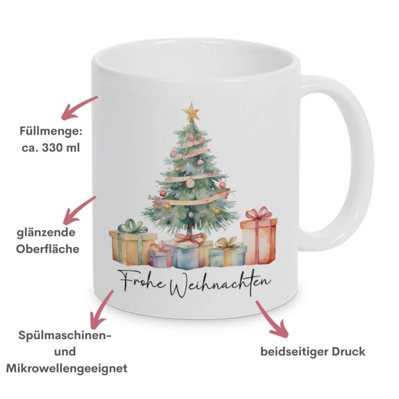 Weiße Tasse mit weihnachtlichem Watercolor-Design und Frohe Weihnachten, 330 ml Füllvolumen, Besonderheiten